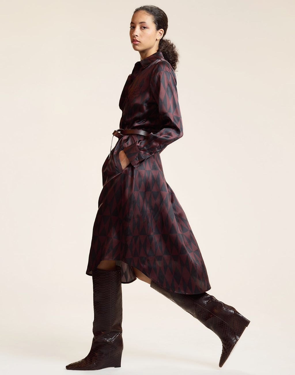 Cynthia Rowley Silk Pintuck Shirt Dress - Black/Burgundy