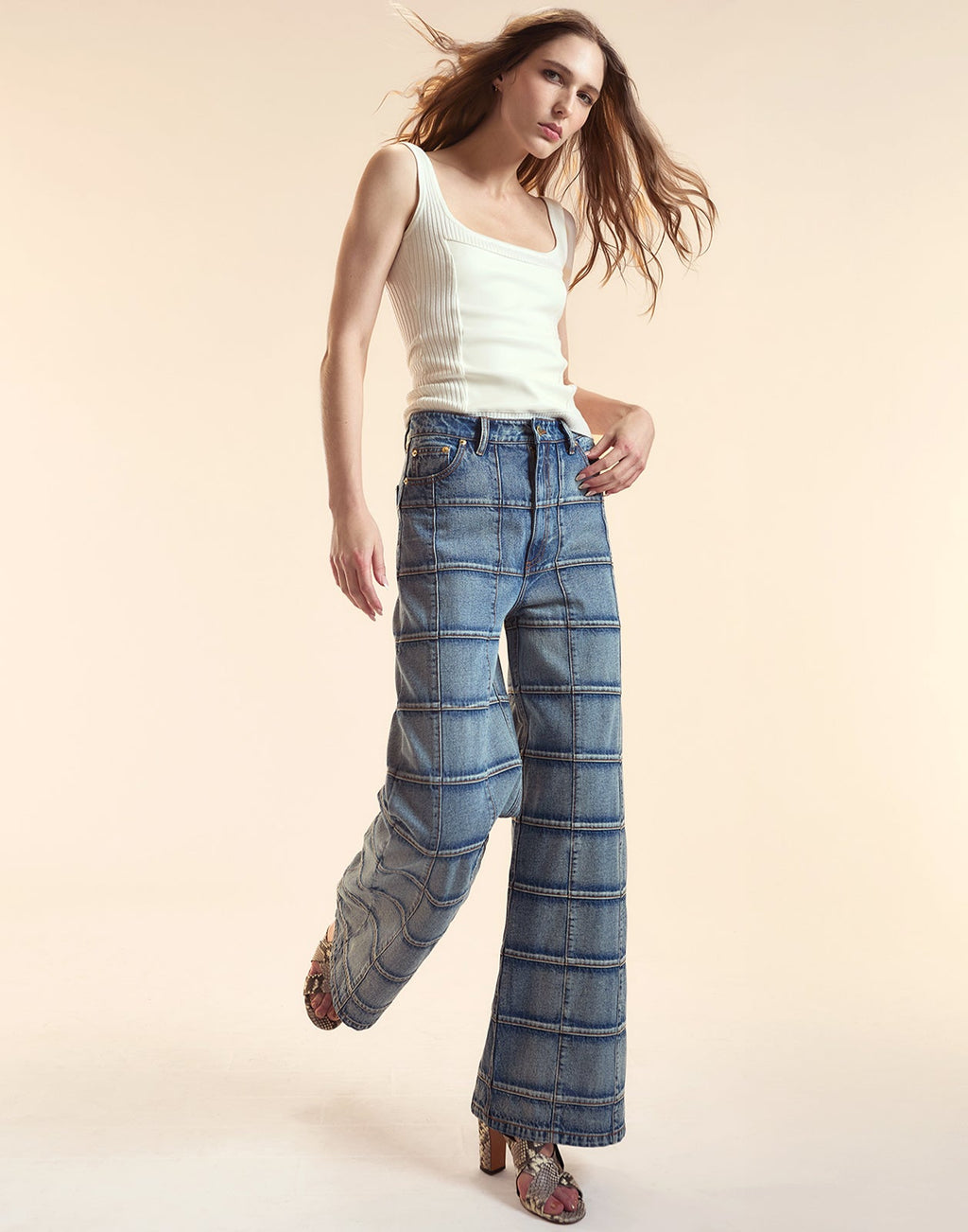 Cynthia Rowley Windowpane Wide-Leg Jeans - Light Wash