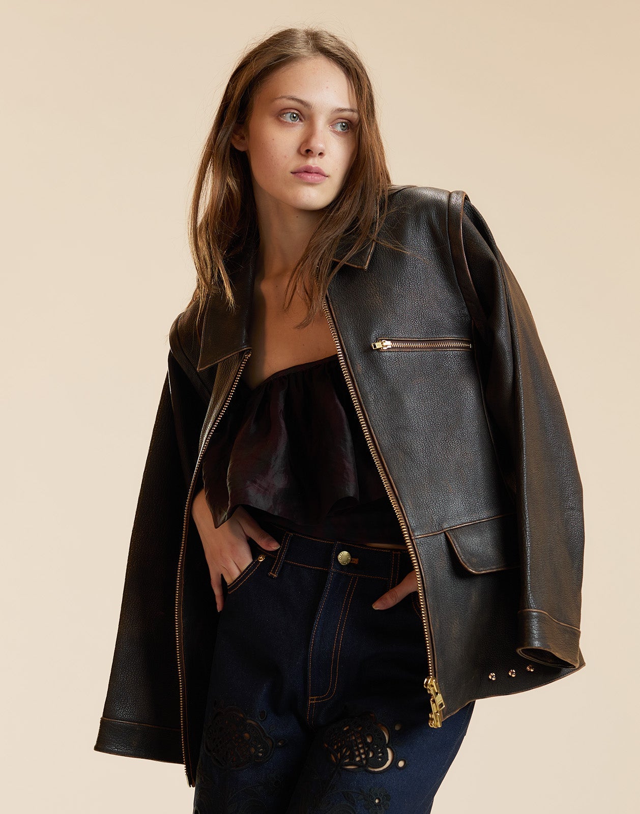 Cynthia Rowley Winona Leather Oversized Jacket - Brown