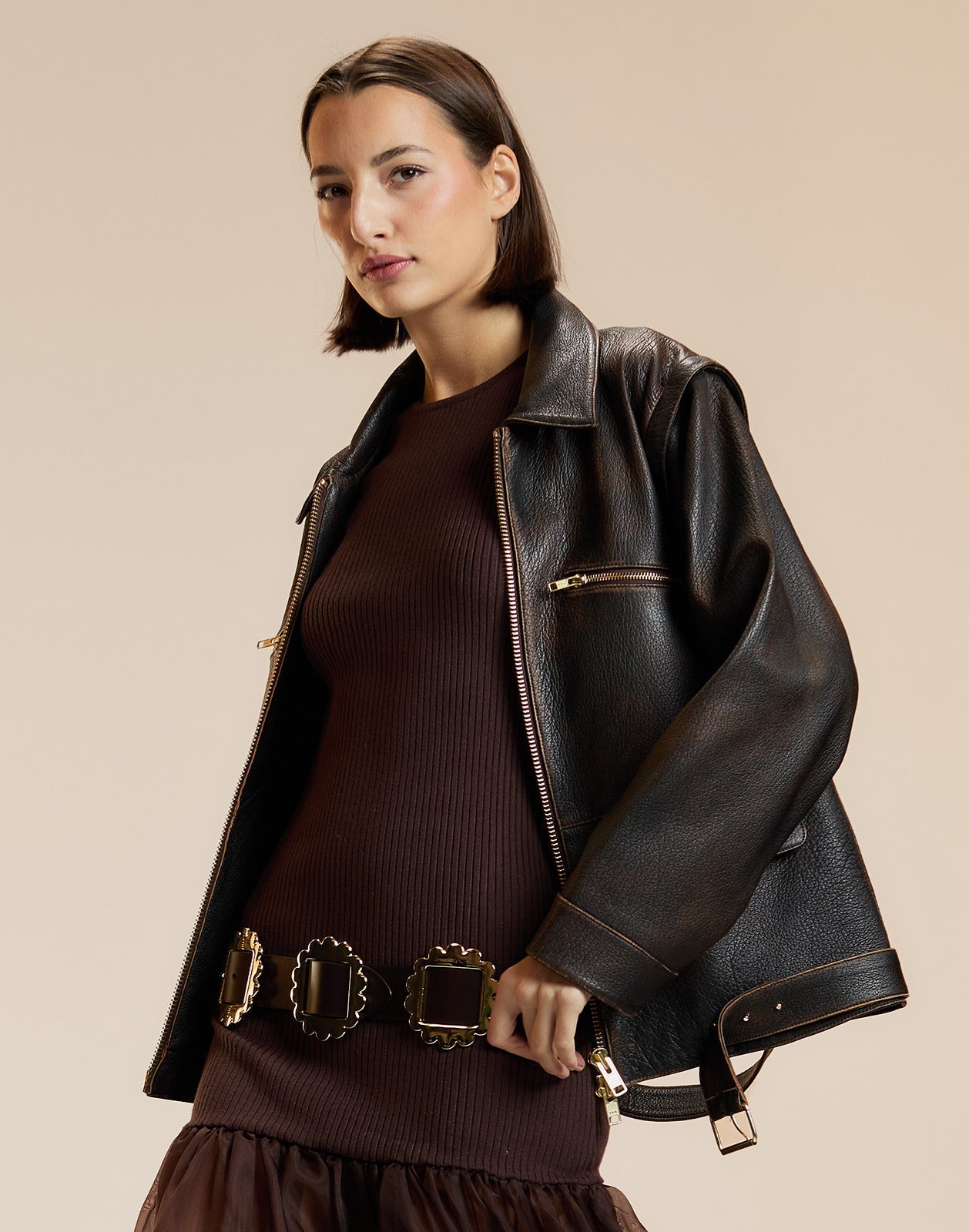 Cynthia Rowley Winona Leather Oversized Jacket - Brown