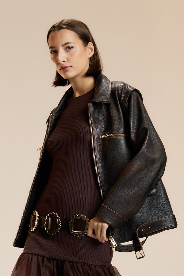 Cynthia Rowley Winona Leather Oversized Jacket - Brown