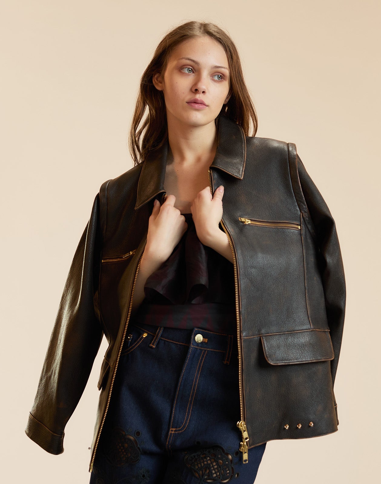 Cynthia Rowley Winona Leather Oversized Jacket - Brown