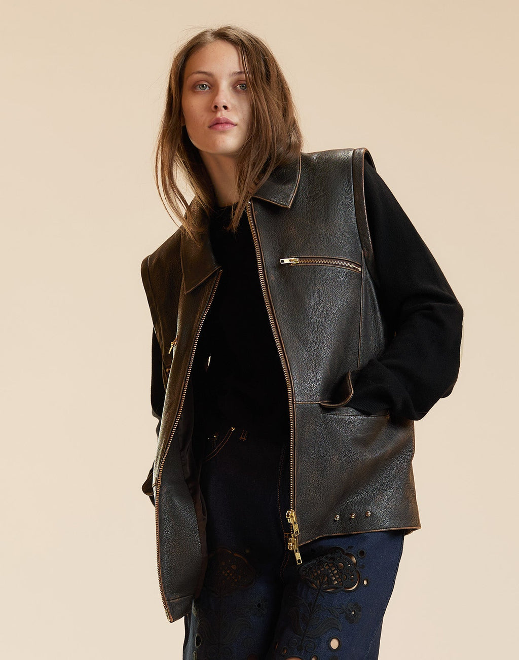 Cynthia Rowley Winona Leather Oversized Jacket - Brown