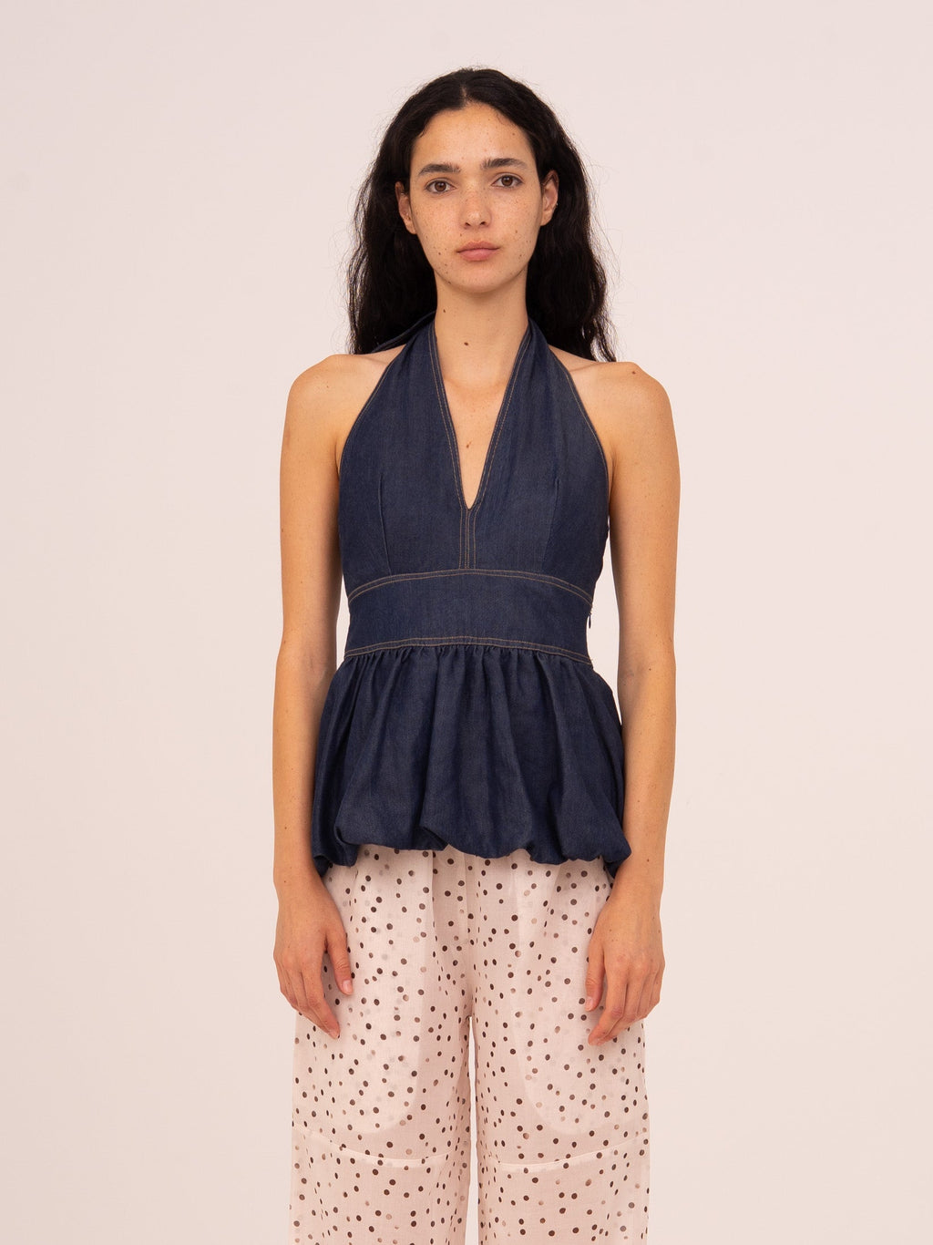 Carmensays Denim Balloon Halter Top - Fawn