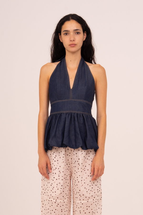 Carmensays Denim Balloon Halter Top - Fawn