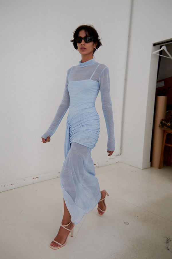 SAEMDI Draped Mesh Dress - Ice Blue