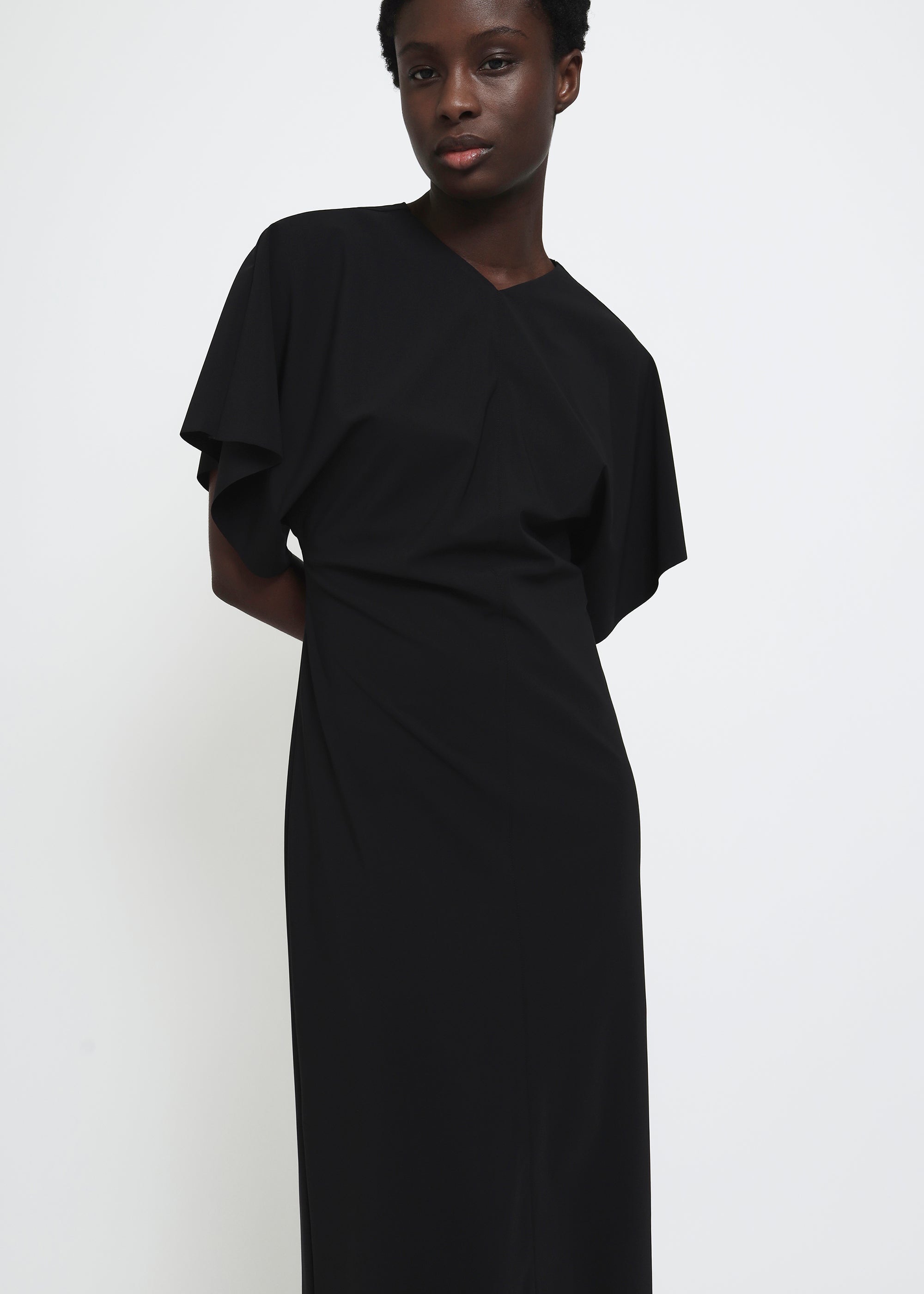 REYÈM Draped Sleeve Midi Dress