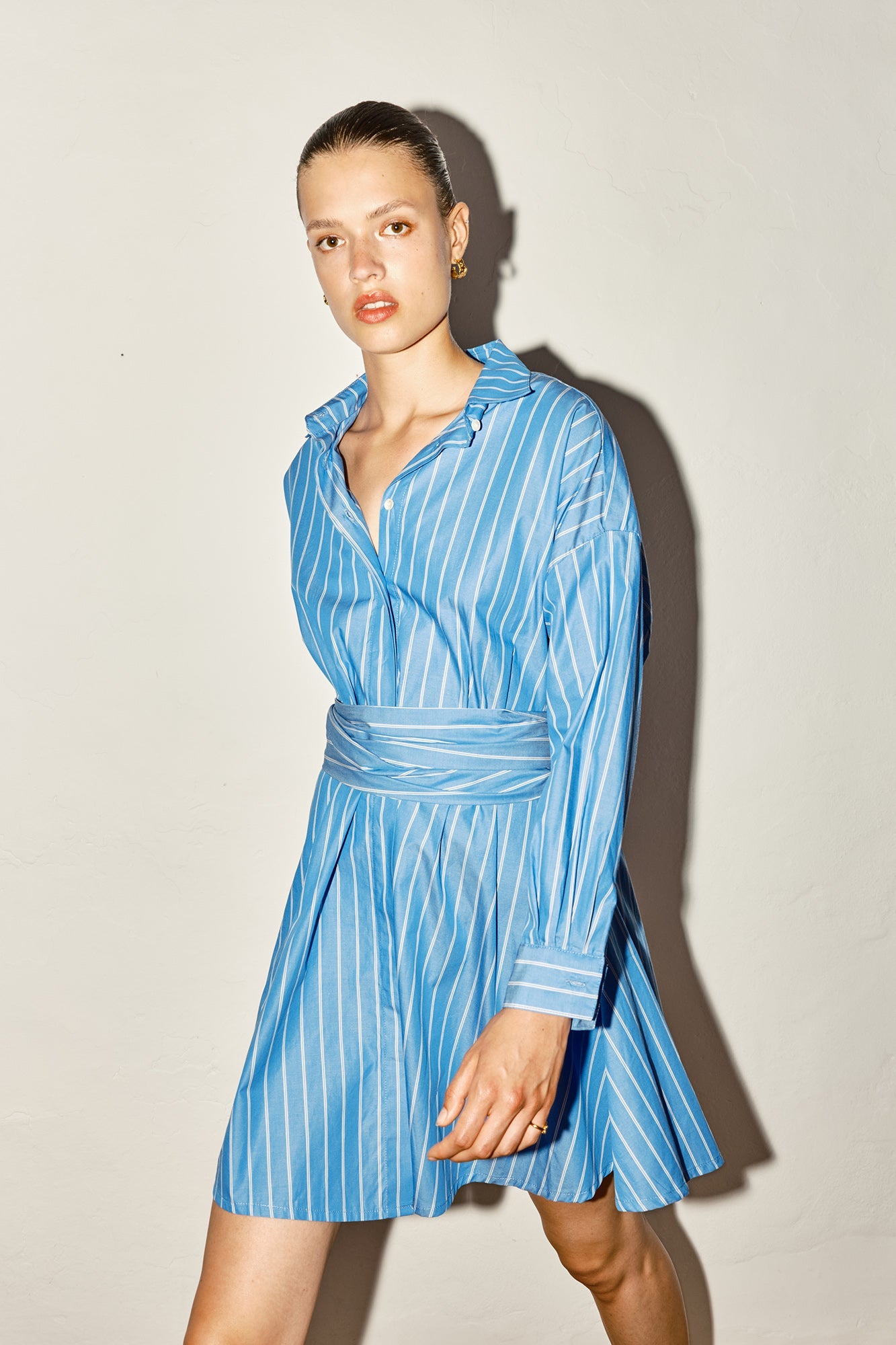 Datura Striped Short Shirt Dress - Egyptian Blue/Ivory Stripes