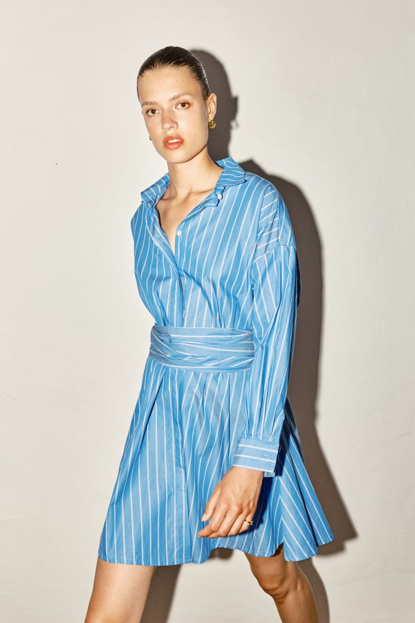 Datura Striped Short Shirt Dress - Egyptian Blue/Ivory Stripes