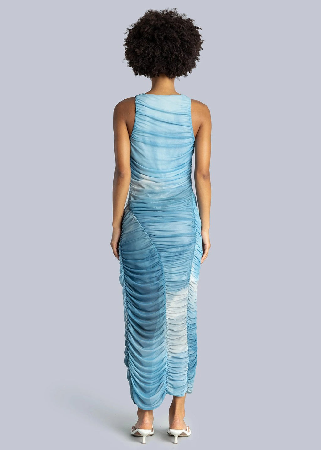 Esthé Mesh Asymmetric Gathered Midi Dress - Blue