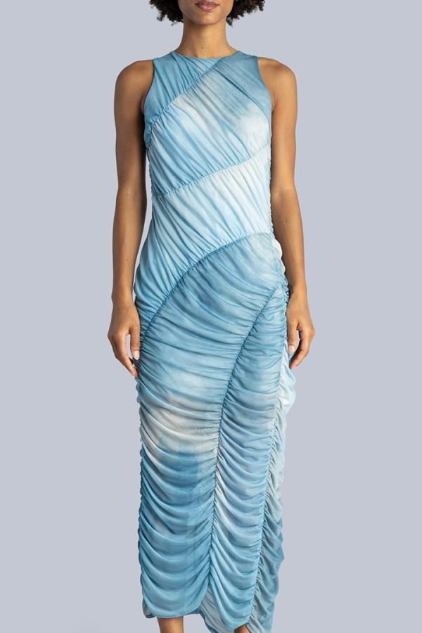 Esthé Mesh Asymmetric Gathered Midi Dress - Blue