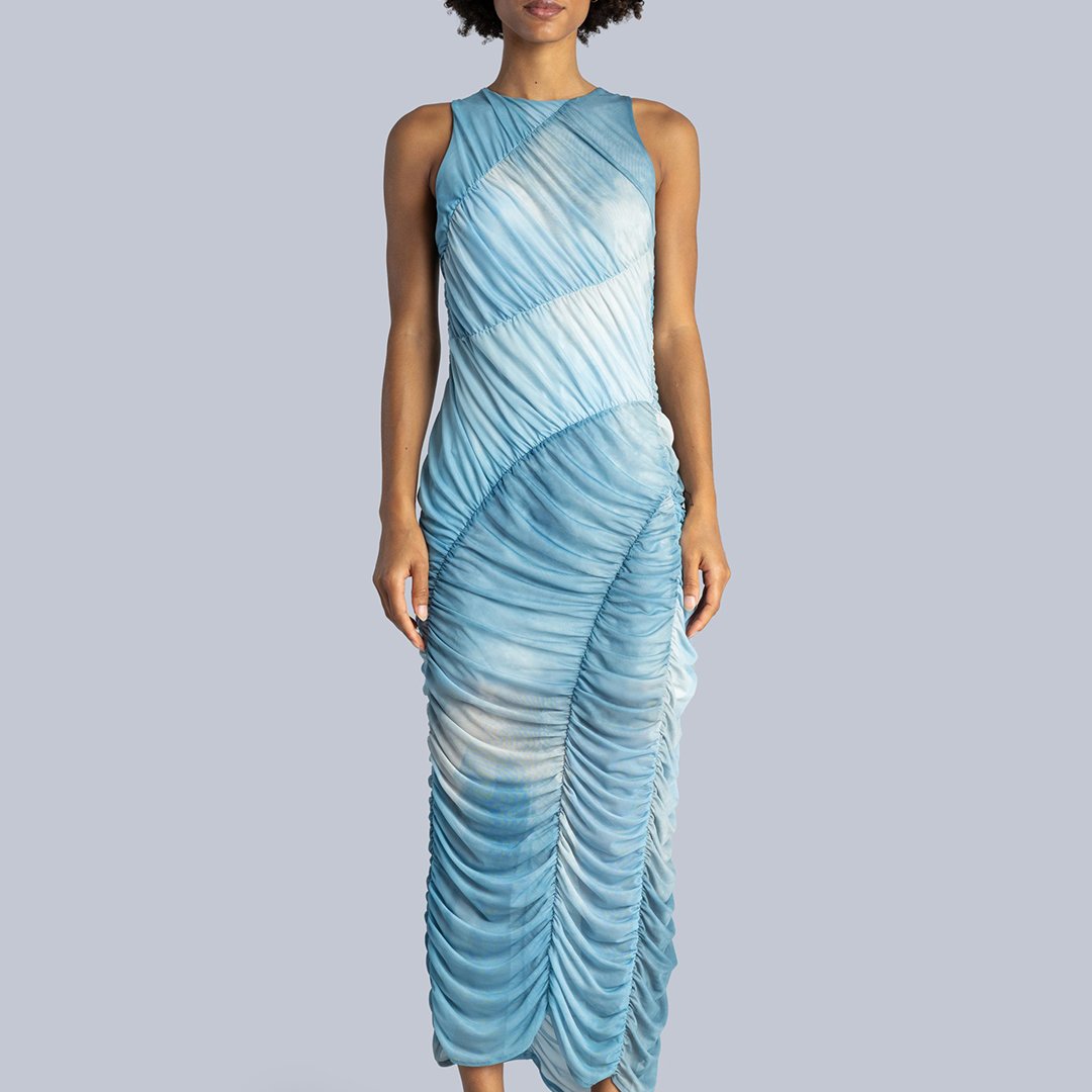Esthé Mesh Asymmetric Gathered Midi Dress - Blue