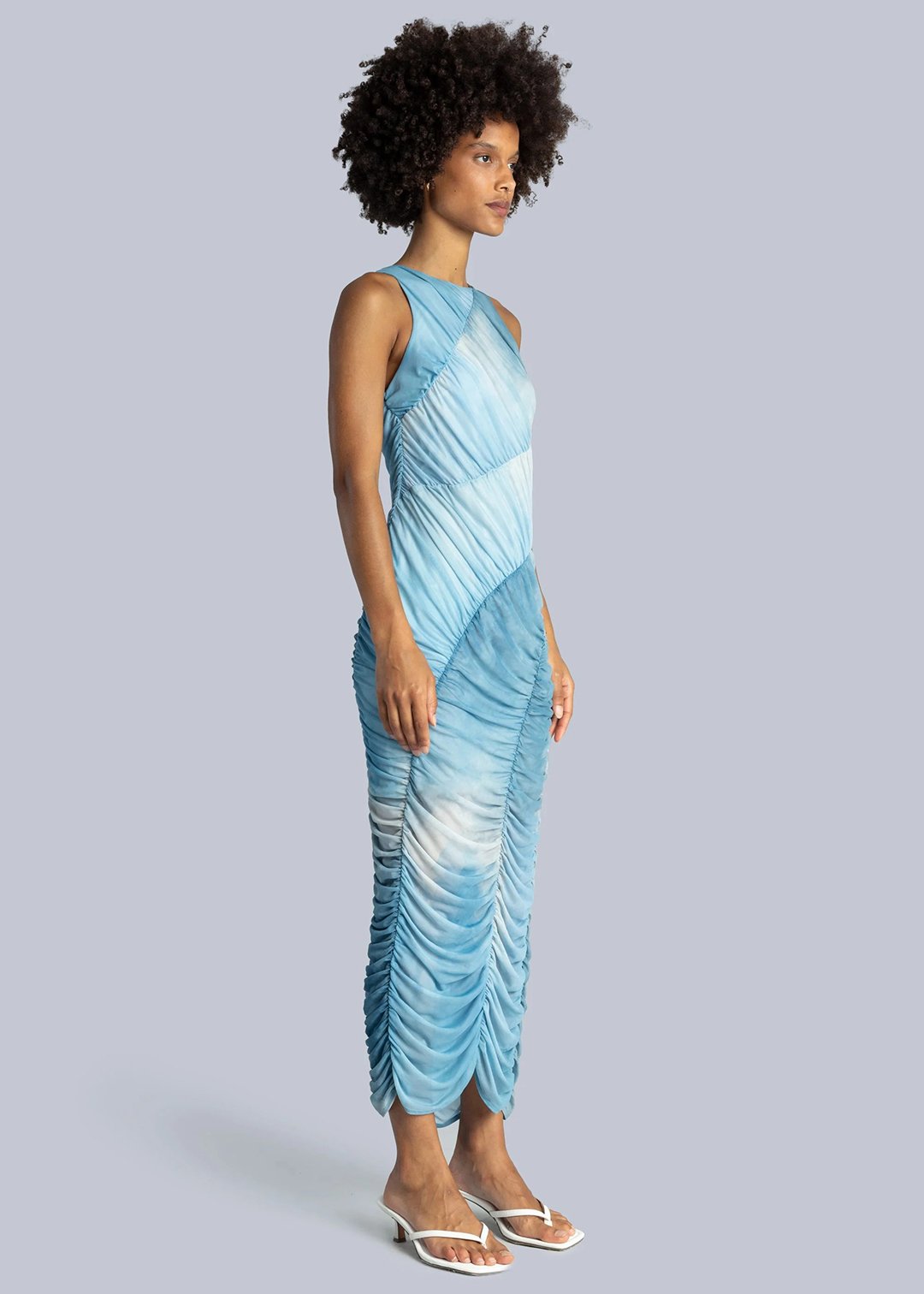 Esthé Mesh Asymmetric Gathered Midi Dress - Blue