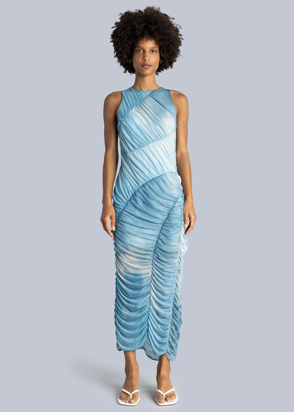 Esthé Mesh Asymmetric Gathered Midi Dress - Blue