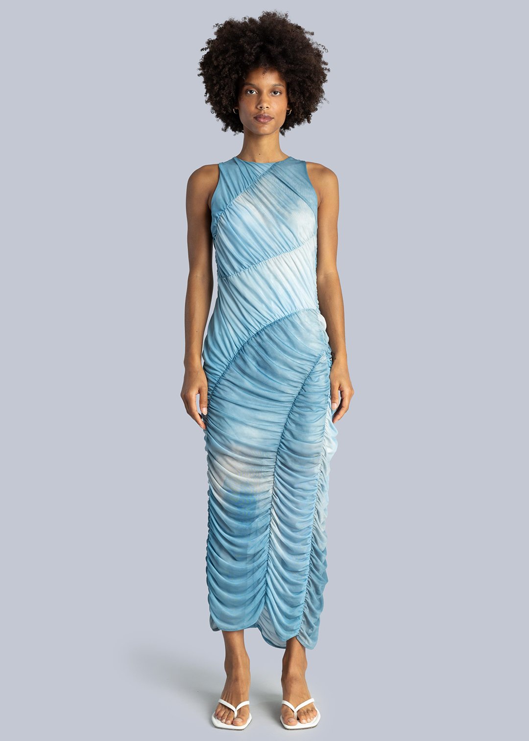 Esthé Mesh Asymmetric Gathered Midi Dress - Blue