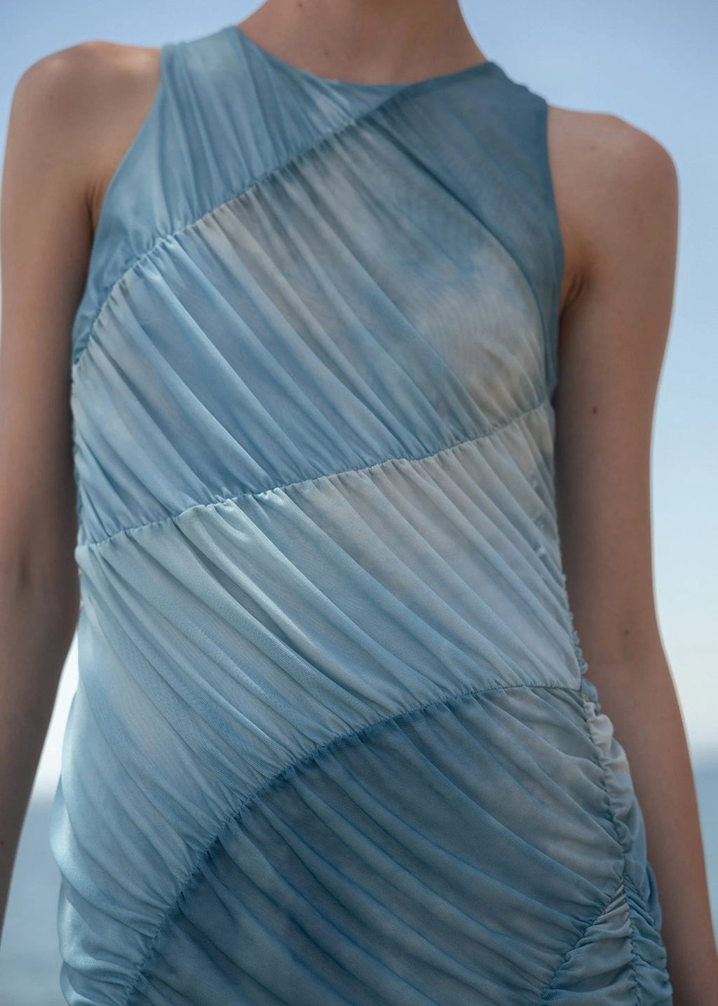 Esthé Mesh Asymmetric Gathered Midi Dress - Blue