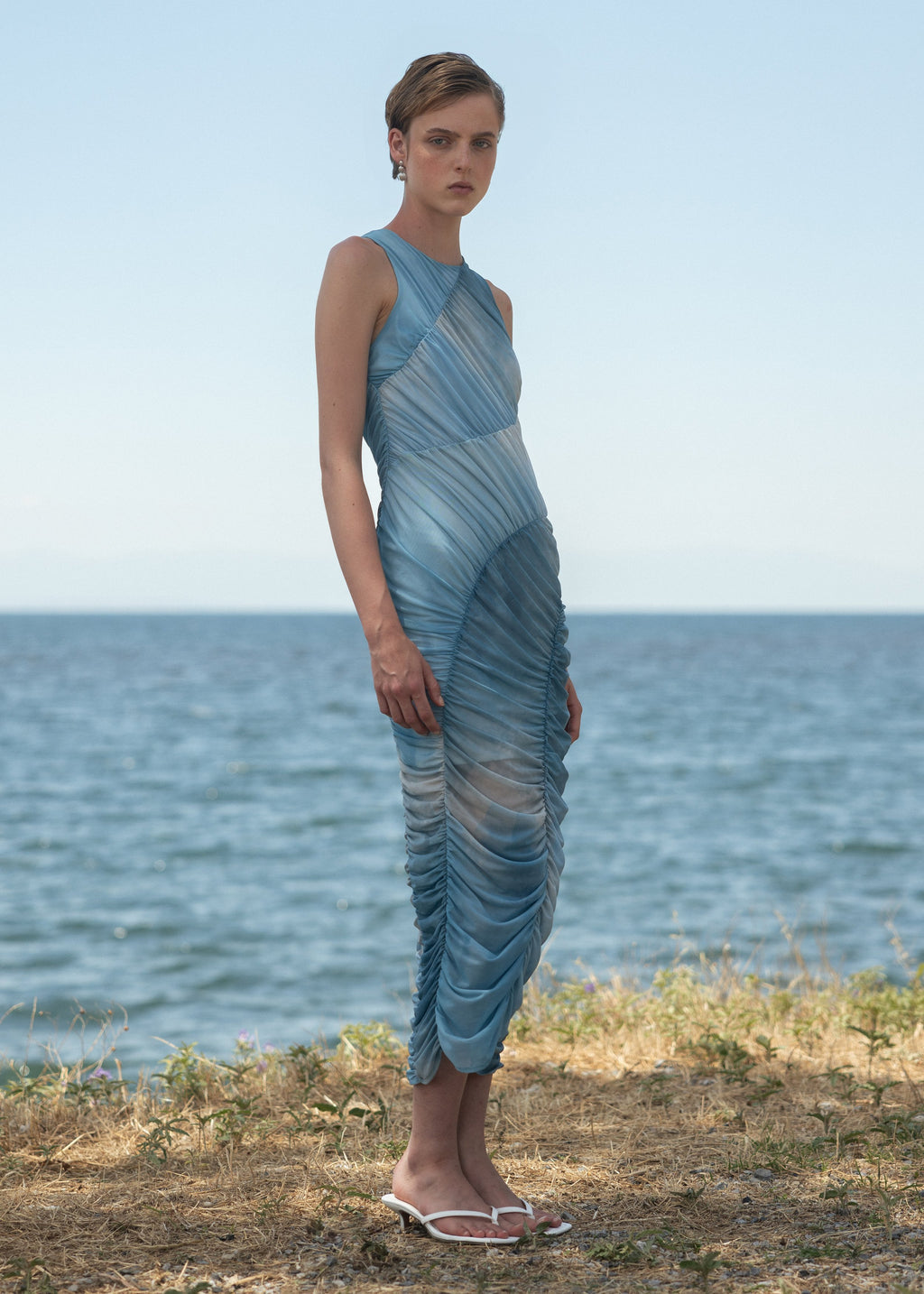 Esthé Mesh Asymmetric Gathered Midi Dress - Blue