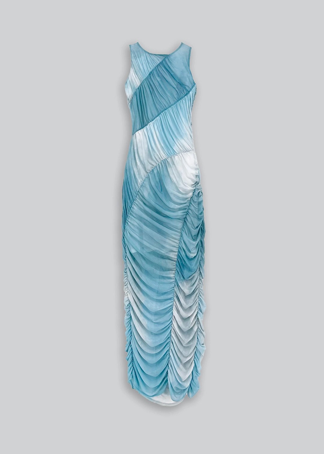 Esthé Mesh Asymmetric Gathered Midi Dress - Blue
