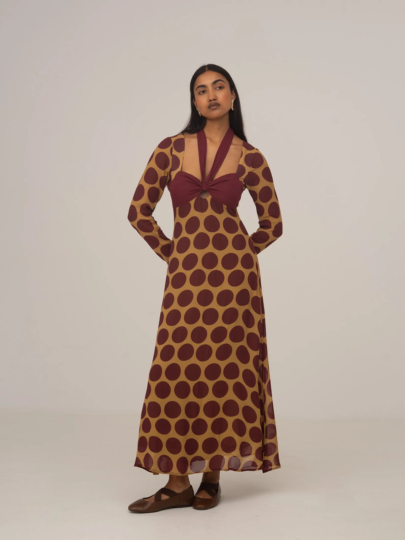 Carmensays Eternal Polka Dot Long Occasion Dress - Burgundy/Yellow