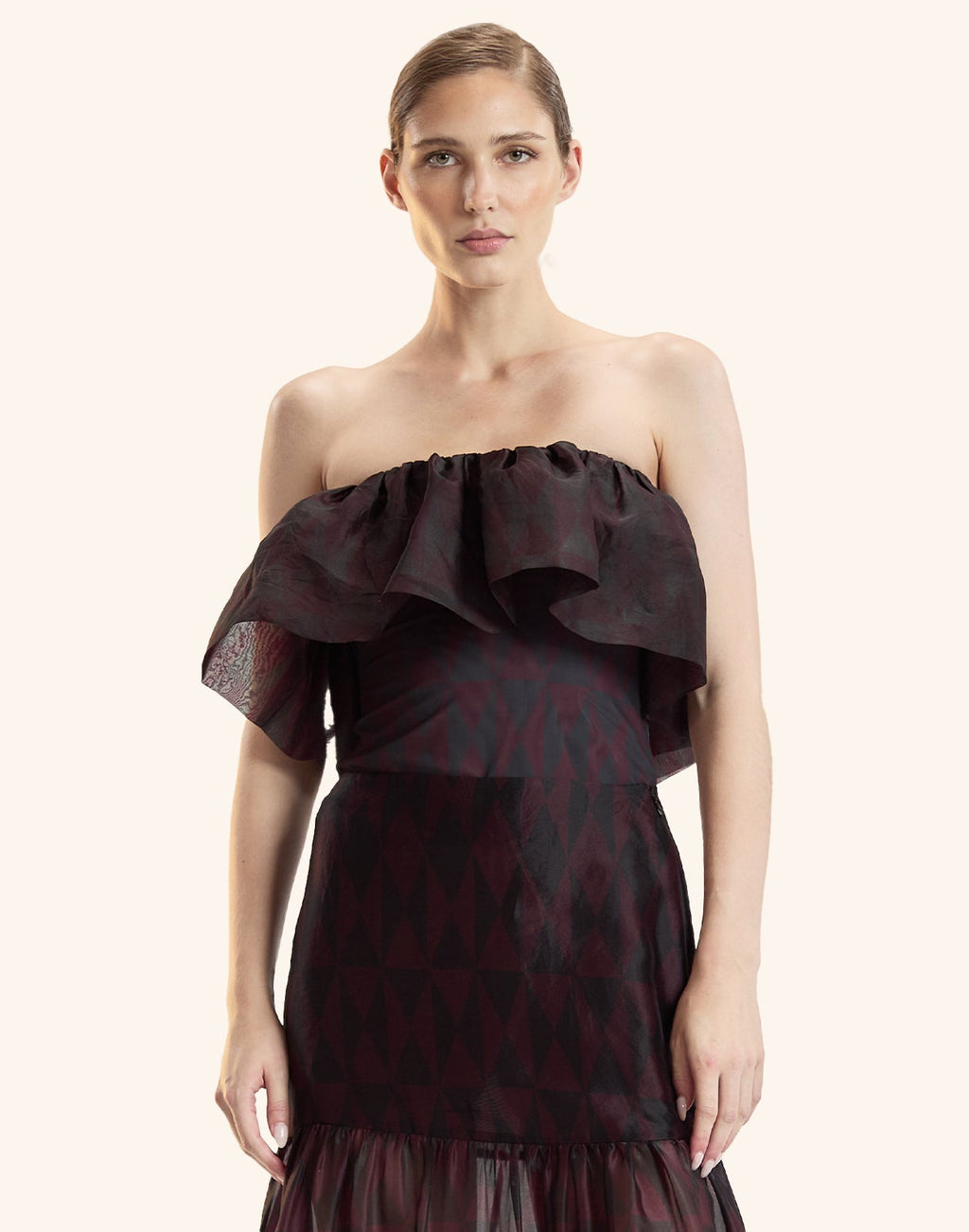 Cynthia Rowley Eugenia Organza Flounce Top - Black/Burgundy