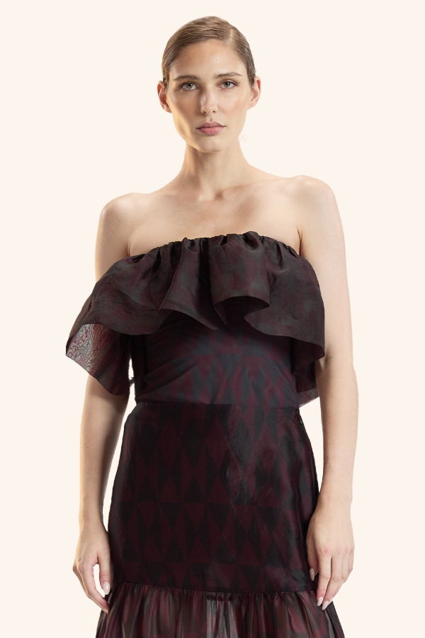Cynthia Rowley Eugenia Organza Flounce Top - Black/Burgundy