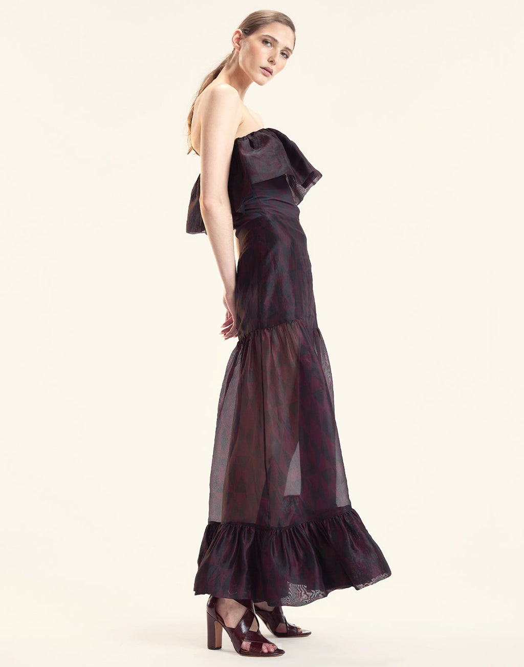 Cynthia Rowley Eugenia Organza Flounce Top - Black/Burgundy