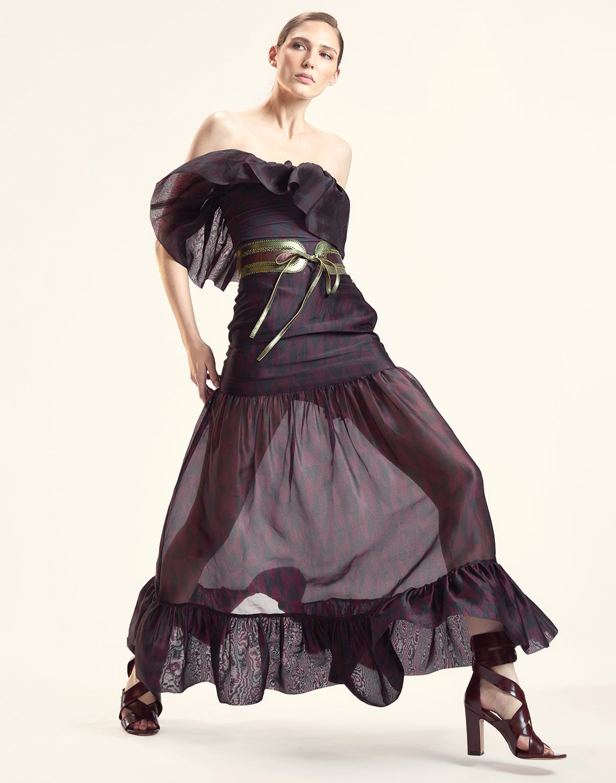 Cynthia Rowley Eugenia Organza Flounce Top - Black/Burgundy