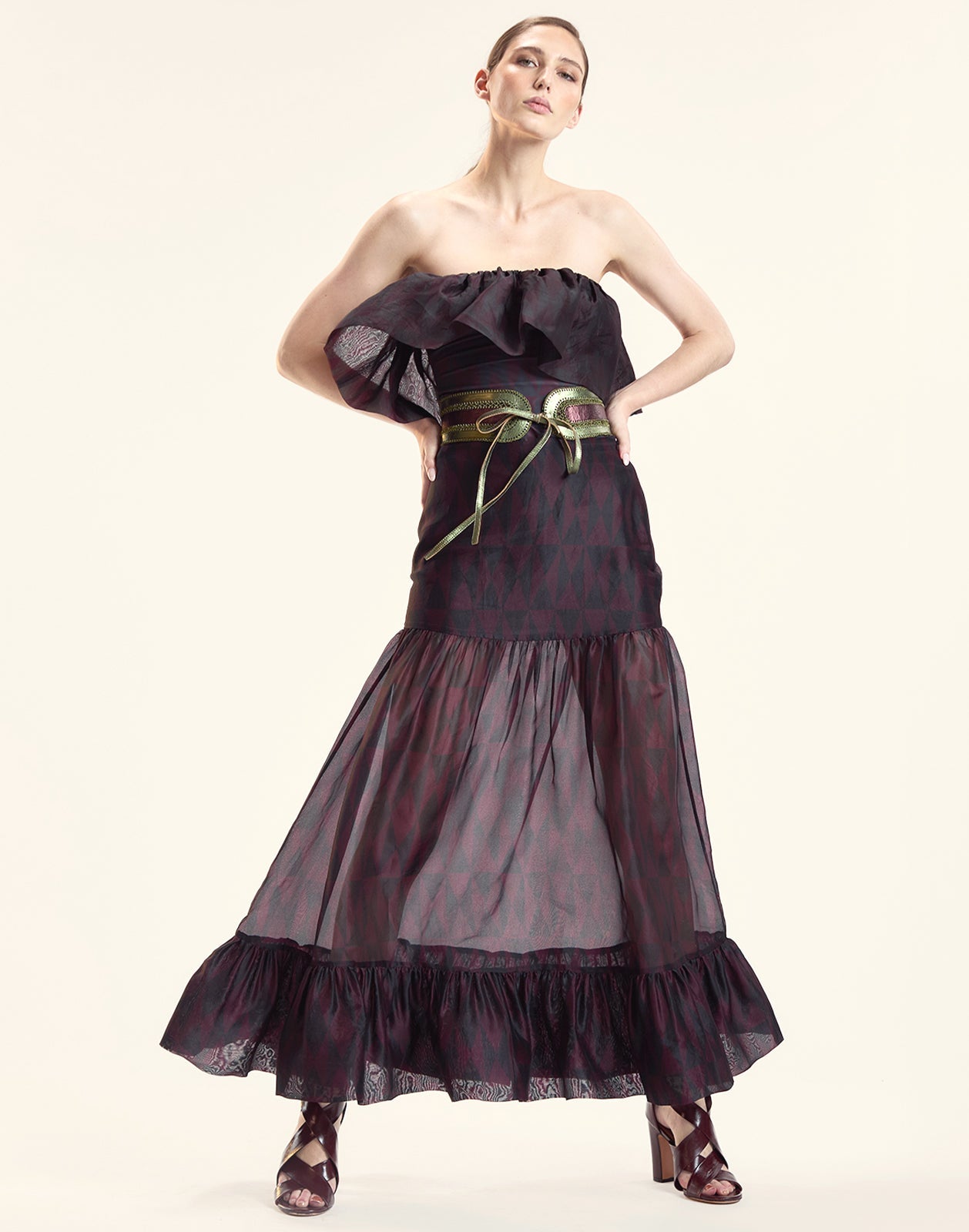 Cynthia Rowley Eugenia Organza Flounce Top - Black/Burgundy