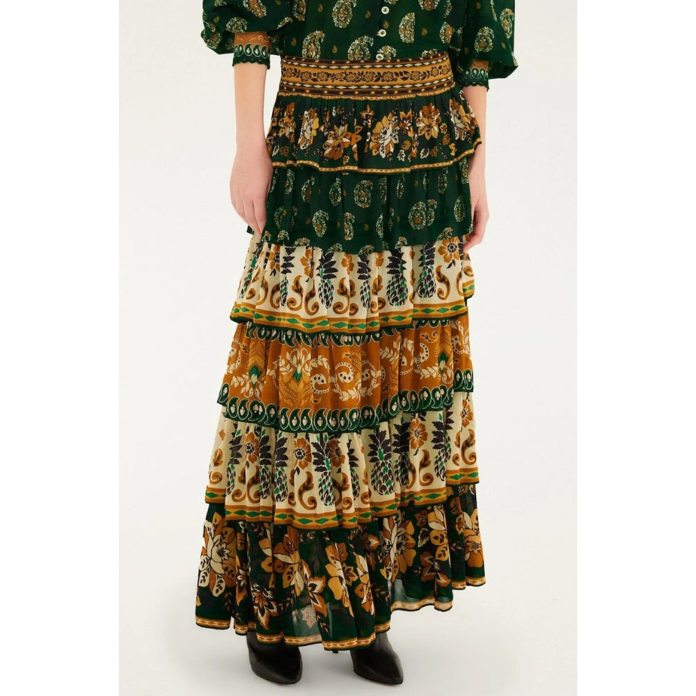 Farm Rio Mixed Scarves Layered Maxi Skirt - Green