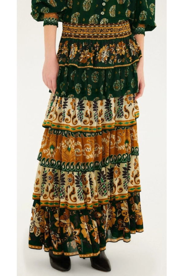 Farm Rio Mixed Scarves Layered Maxi Skirt - Green
