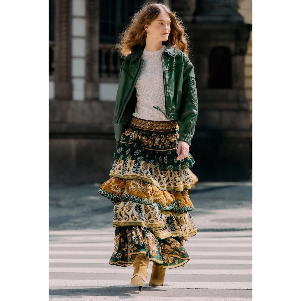 Farm Rio Mixed Scarves Layered Maxi Skirt - Green