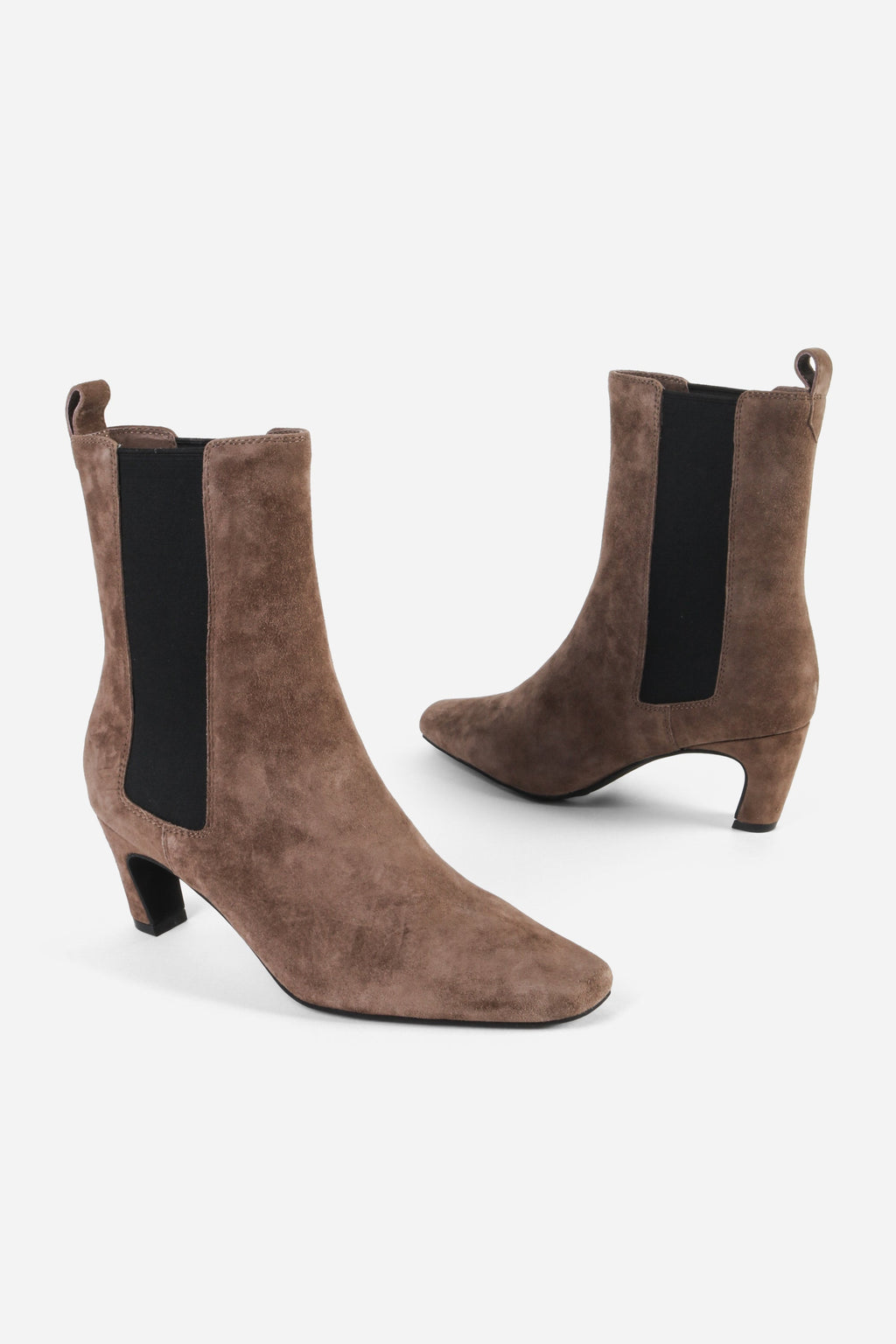 "INTENTIONALLY __________." Florence Curved Heel Suede Ankle Boot - Smoke