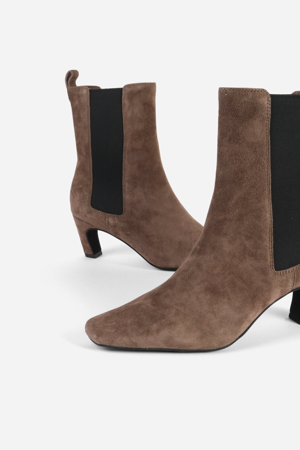 "INTENTIONALLY __________." Florence Curved Heel Suede Ankle Boot - Smoke