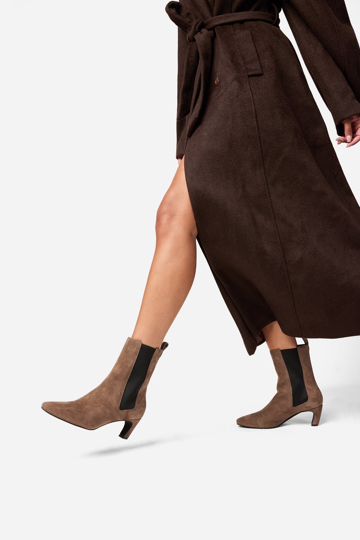"INTENTIONALLY __________." Florence Curved Heel Suede Ankle Boot - Smoke