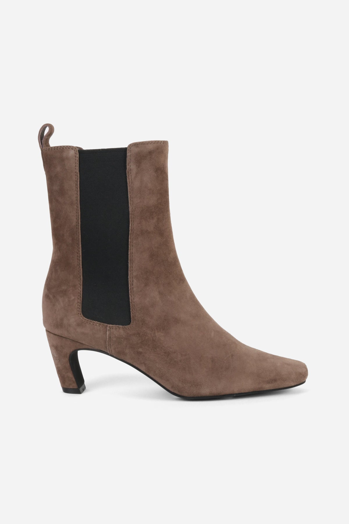 "INTENTIONALLY __________." Florence Curved Heel Suede Ankle Boot - Smoke