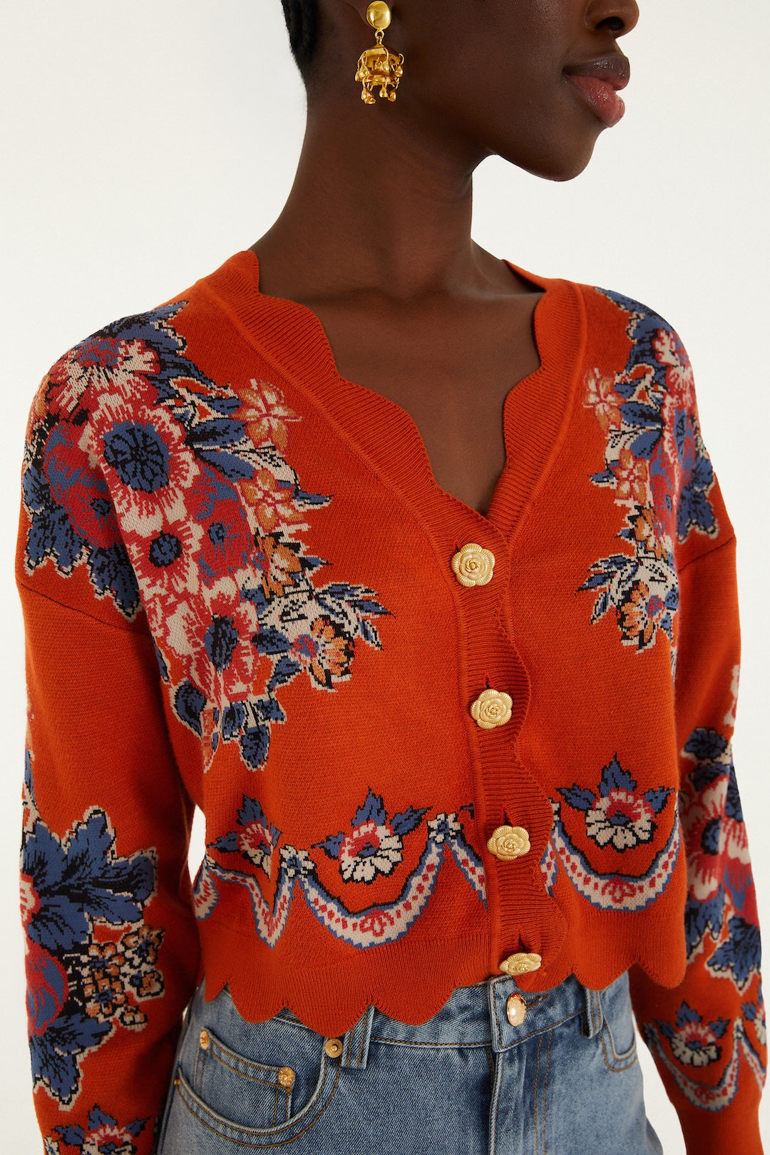 Farm Rio Knit Cardigan - Victorian Floral Terracota
