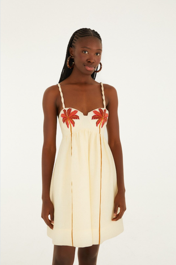 Farm Rio Coconut Tree Embroidered Mini Dress