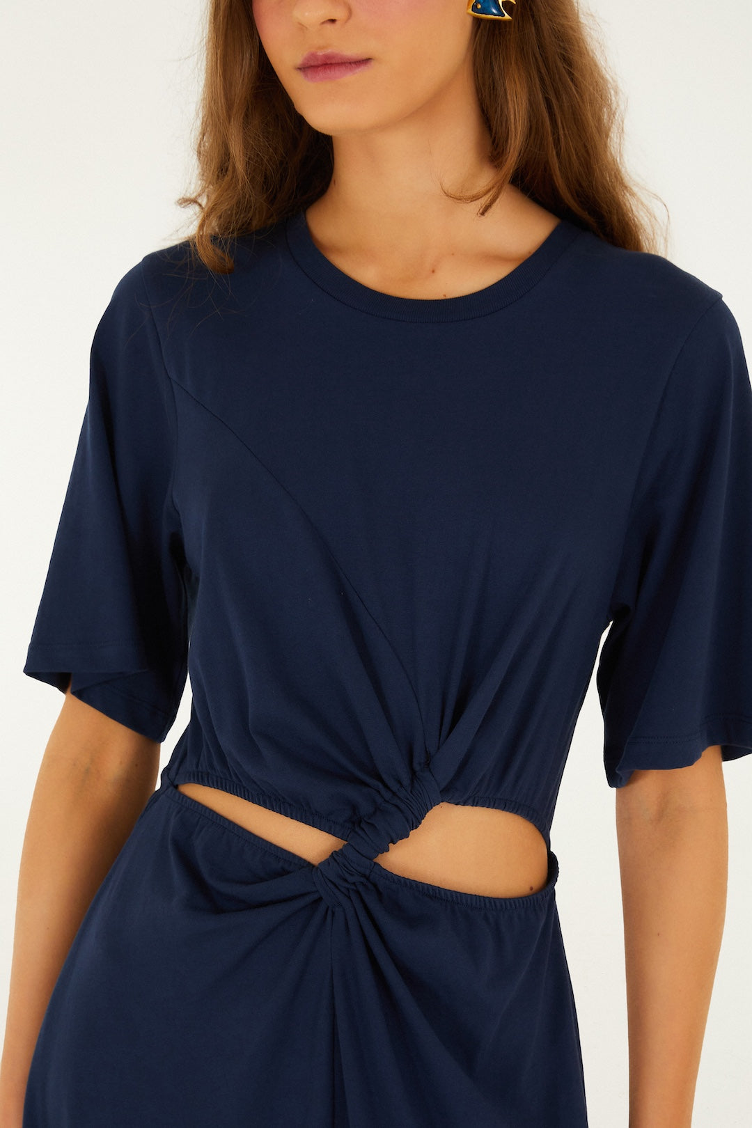 Farm Rio Cut Out Short Sleeve Midi Dress - Dark Blue