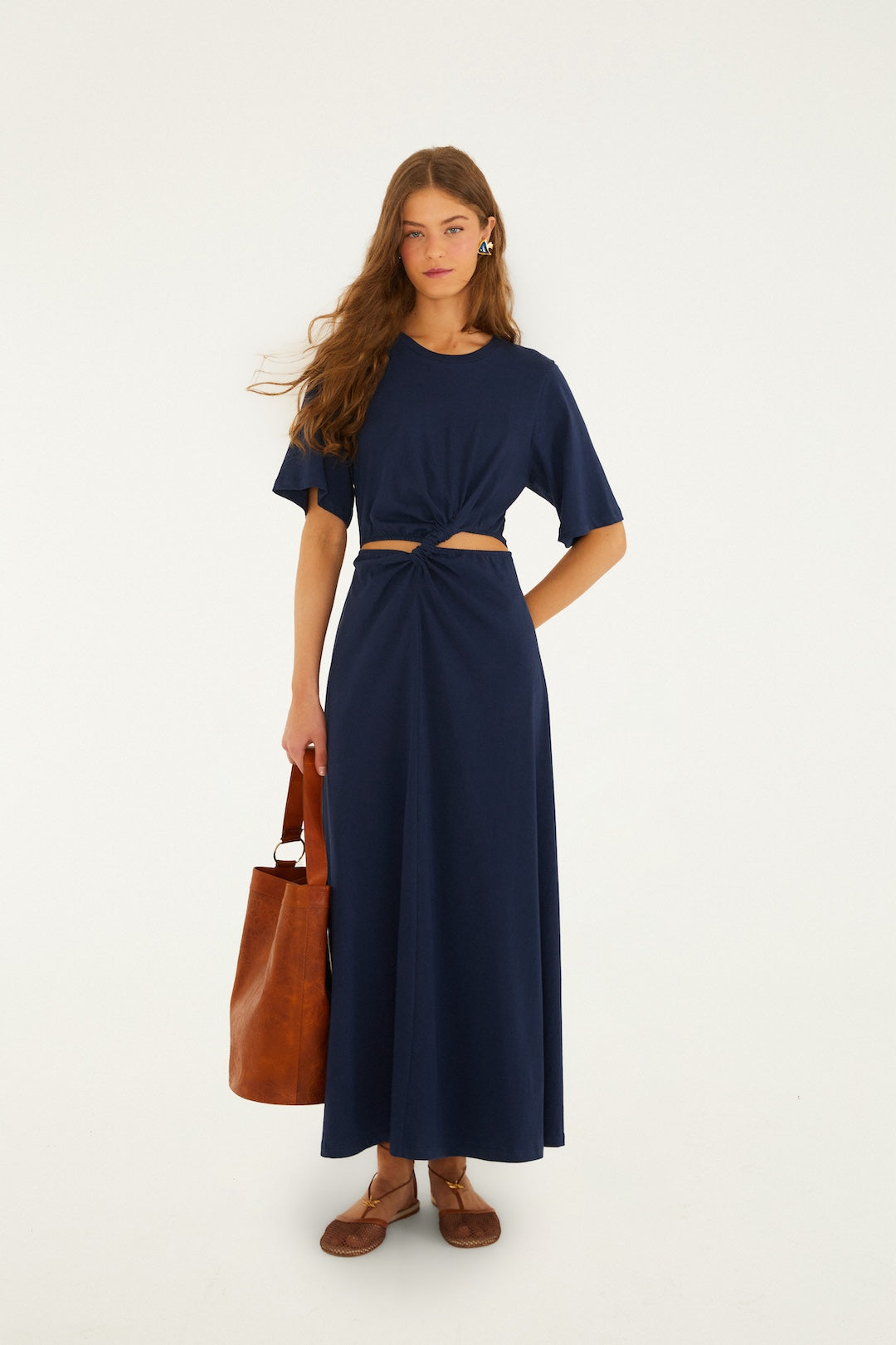 Farm Rio Cut Out Short Sleeve Midi Dress - Dark Blue