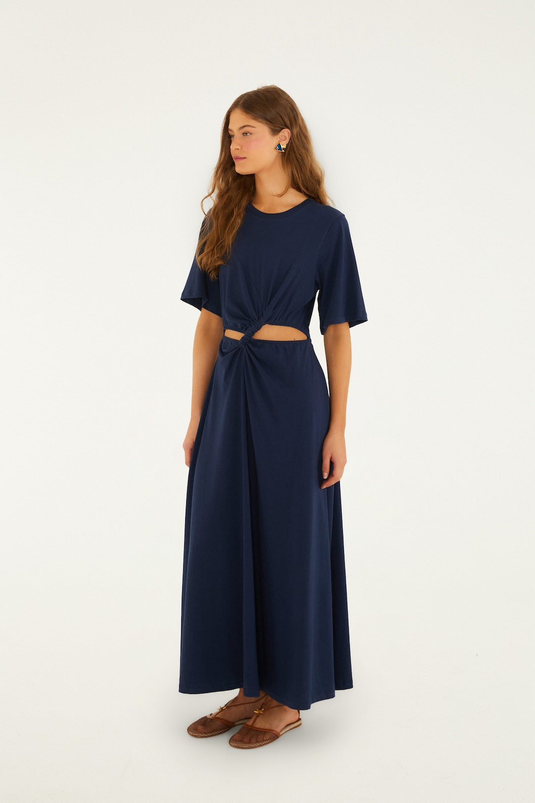 Farm Rio Cut Out Short Sleeve Midi Dress - Dark Blue