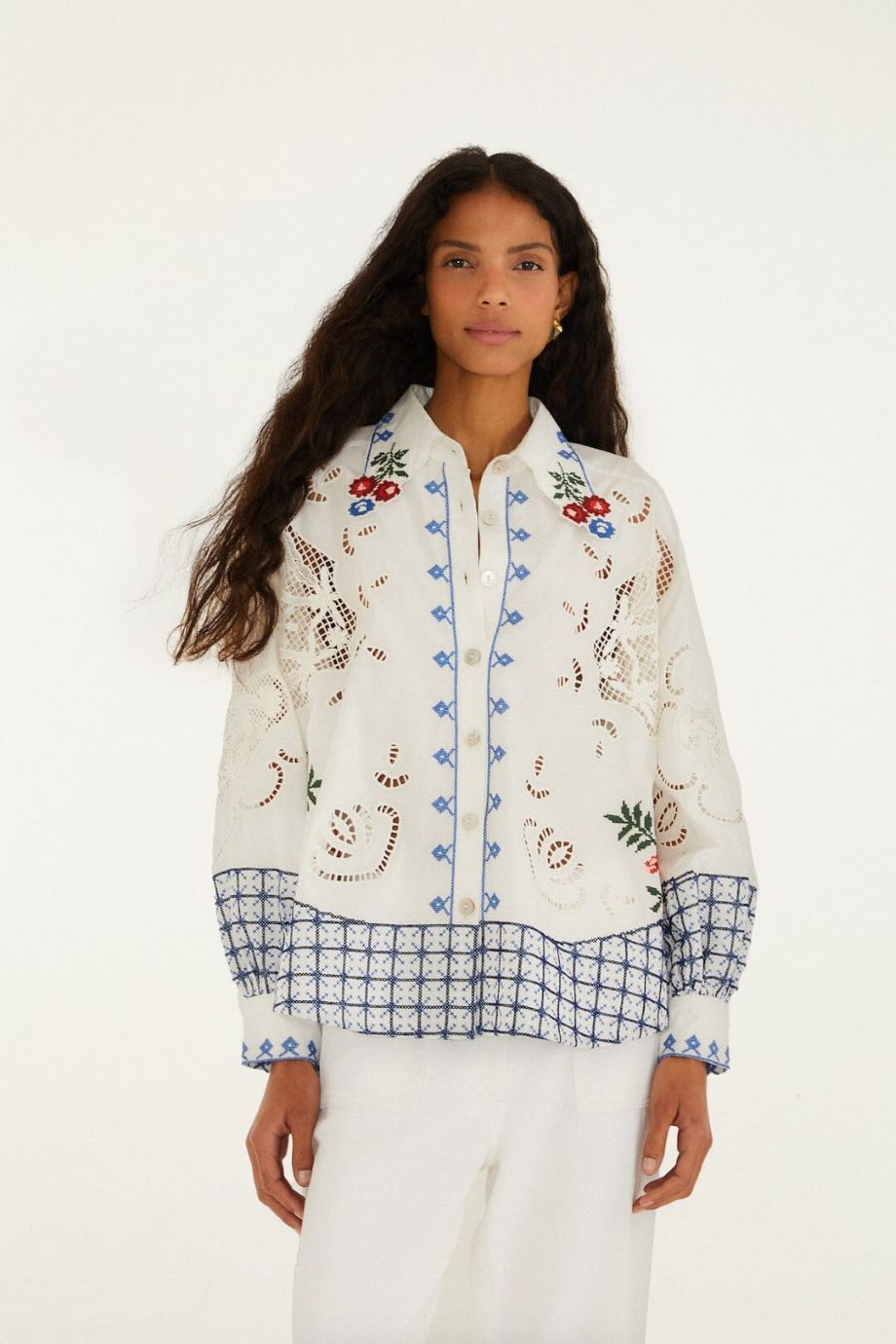 Farm Rio Flowers Embroidery Richelieu Blouse