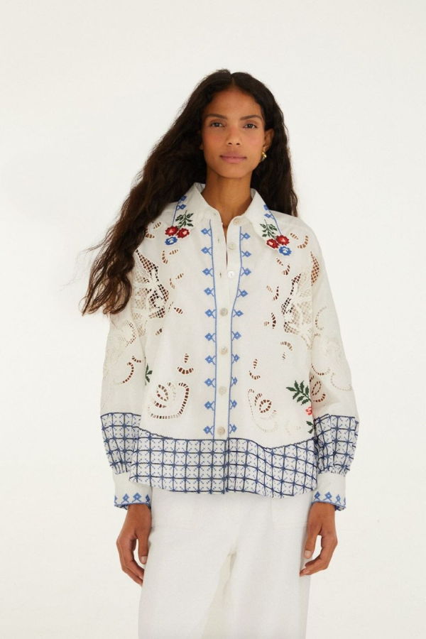 Farm Rio Flowers Embroidery Richelieu Blouse