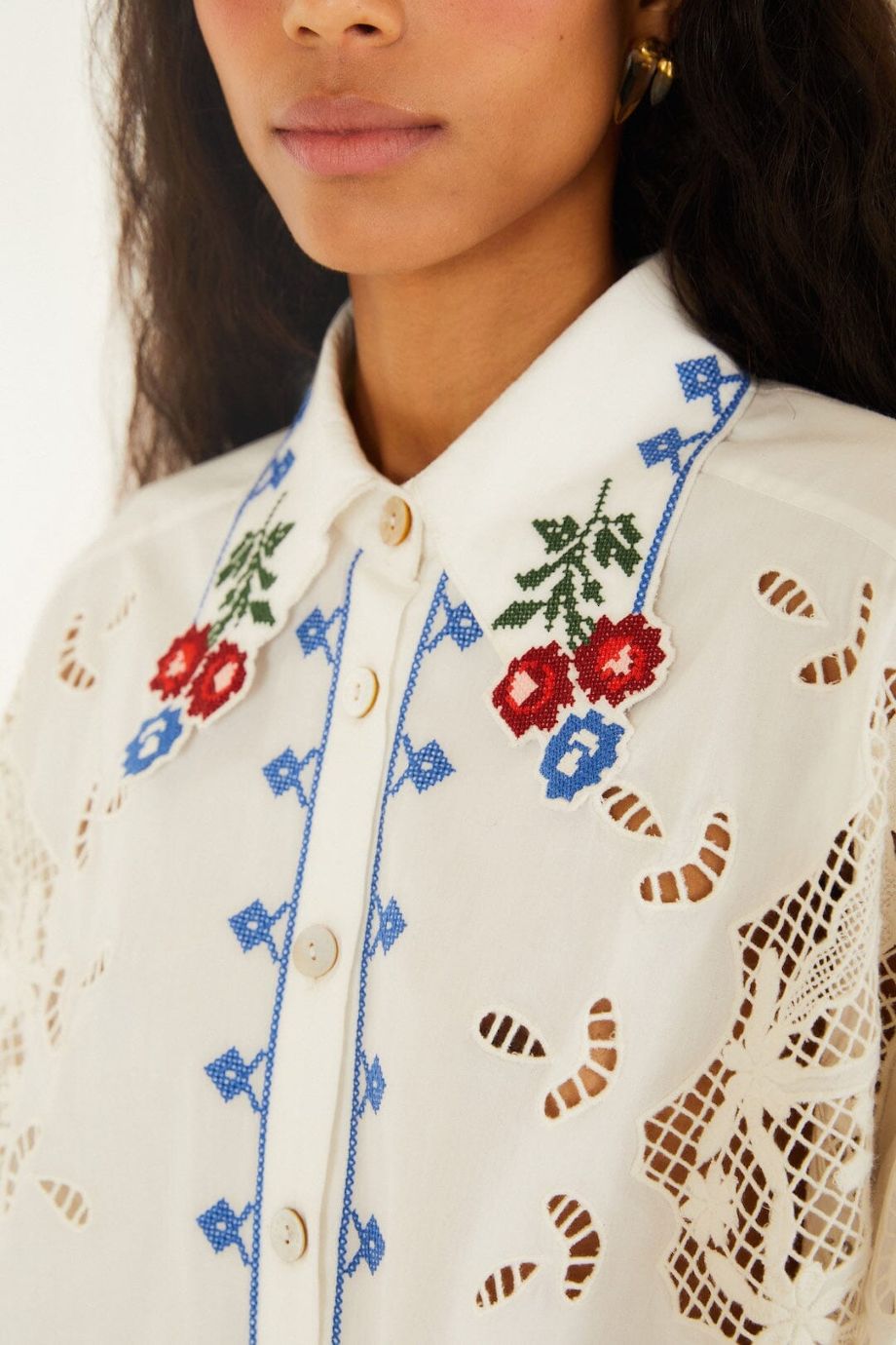 Farm Rio Flowers Embroidery Richelieu Blouse