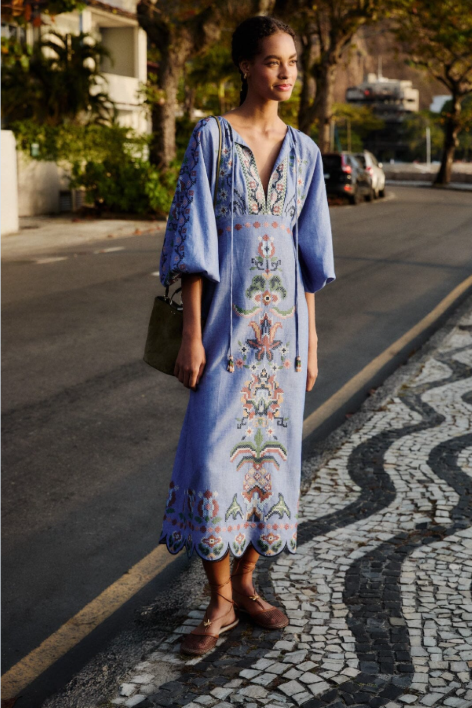 Farm Rio Garden Tapestry Embroidered Long Sleeve Midi Dress