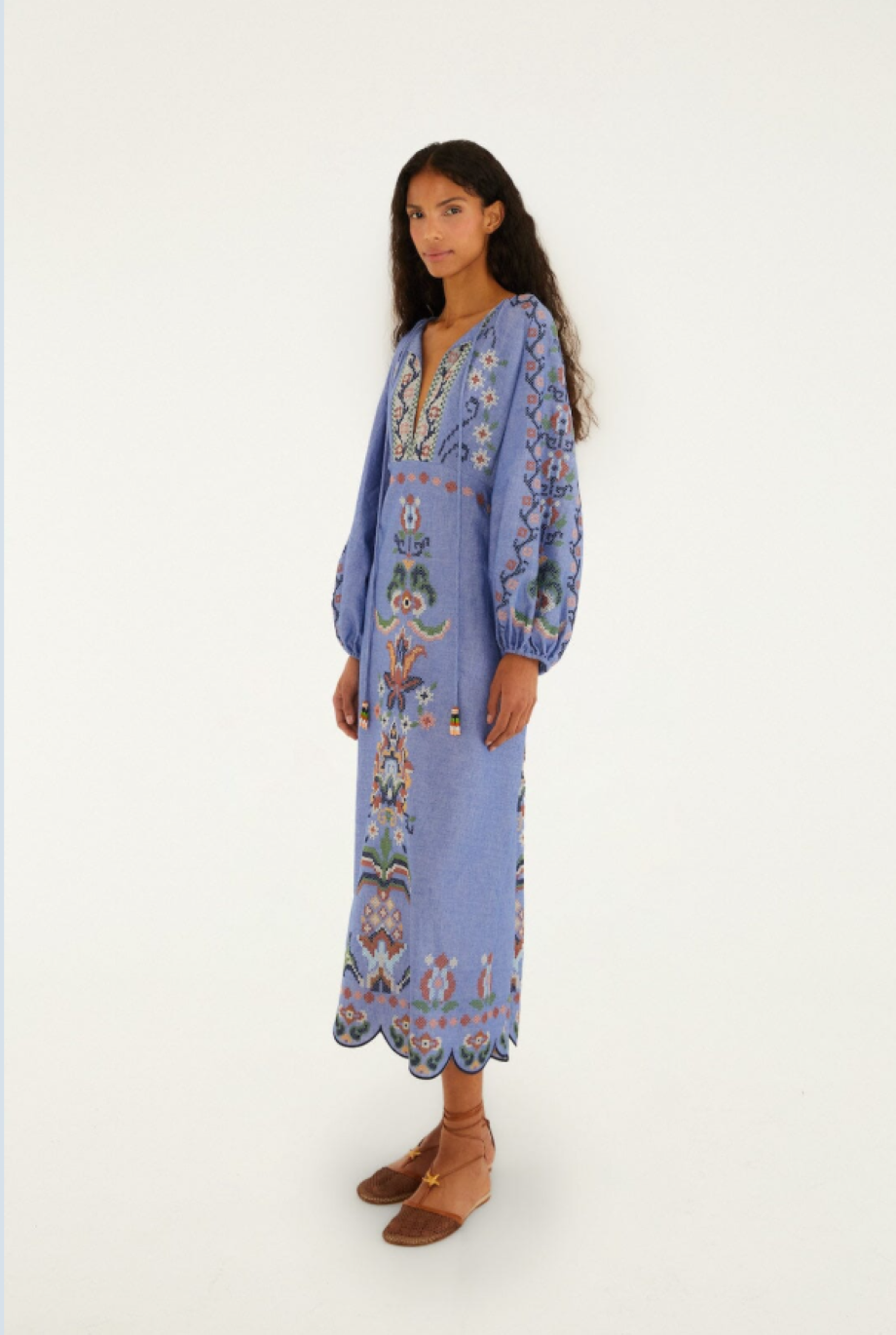 Farm Rio Garden Tapestry Embroidered Long Sleeve Midi Dress