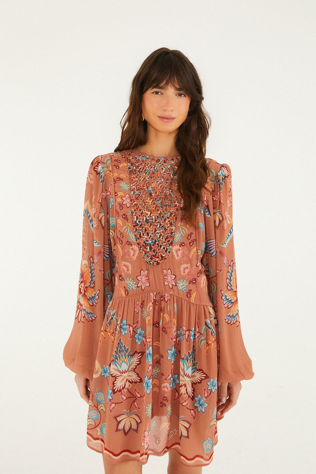 Farm Rio Mocha Boho Enhance Lace Long Sleeve Mini Dress