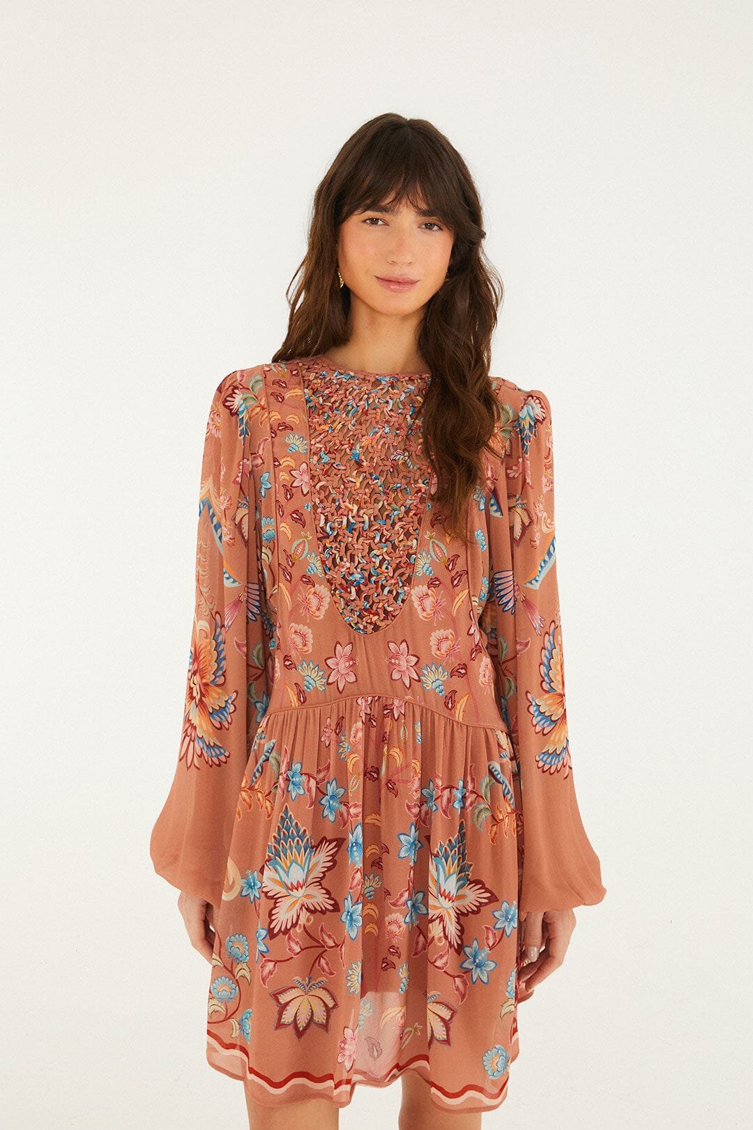 Farm Rio Mocha Boho Enhance Lace Long Sleeve Mini Dress