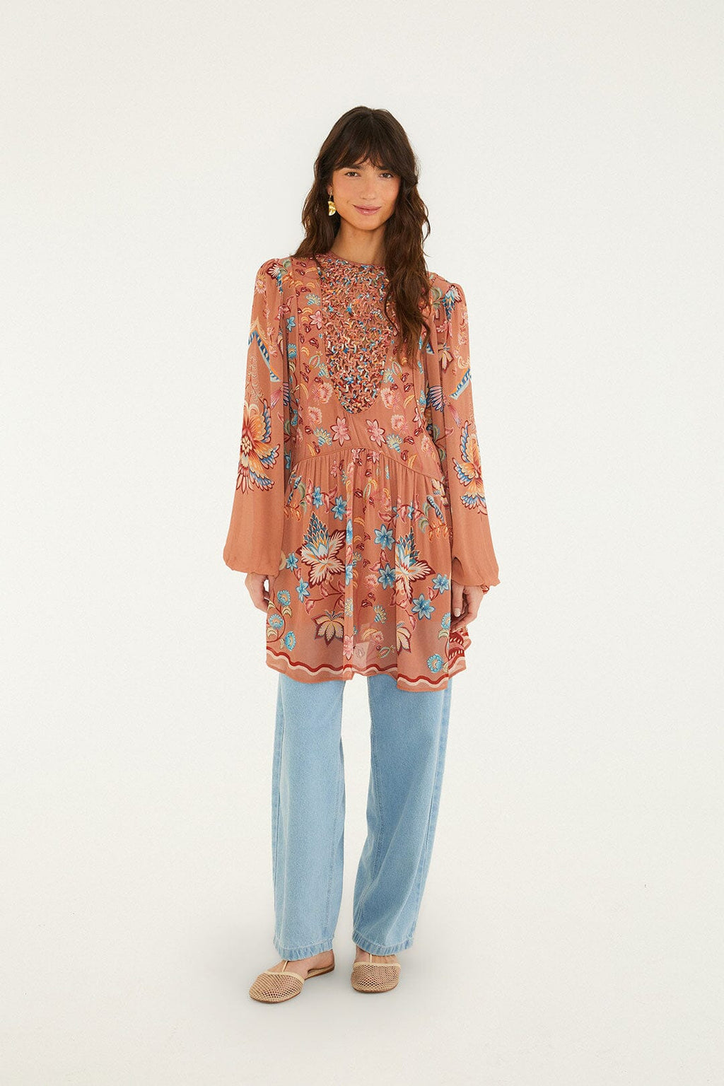 Farm Rio Mocha Boho Enhance Lace Long Sleeve Mini Dress