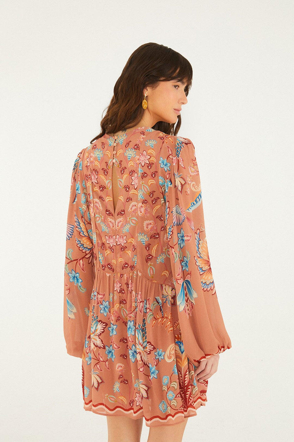 Farm Rio Mocha Boho Enhance Lace Long Sleeve Mini Dress