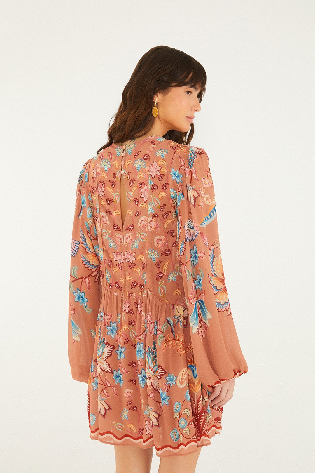 Farm Rio Mocha Boho Enhance Lace Long Sleeve Mini Dress